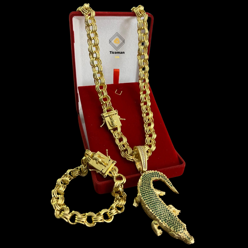 Conjunto Friso Triplo 13MM com Pingente Jacaré
